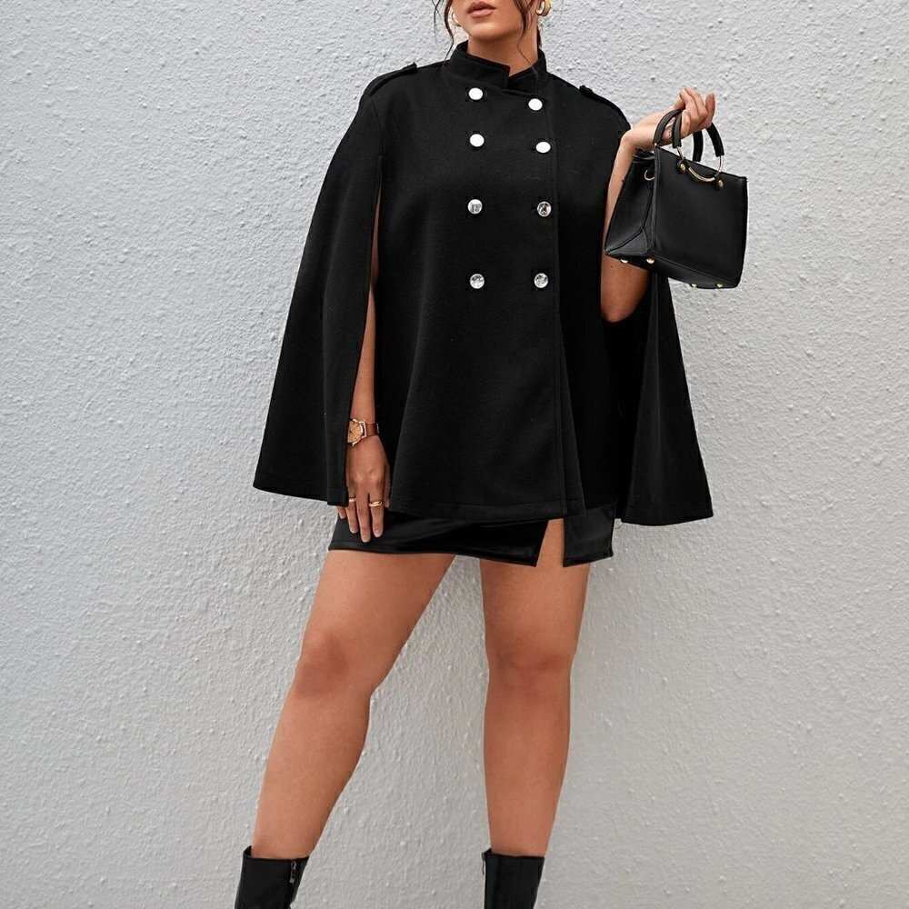 Black Boho Womens Plus Double Breasted Cloak Sleeve Overcoat - Picture 3 of 5